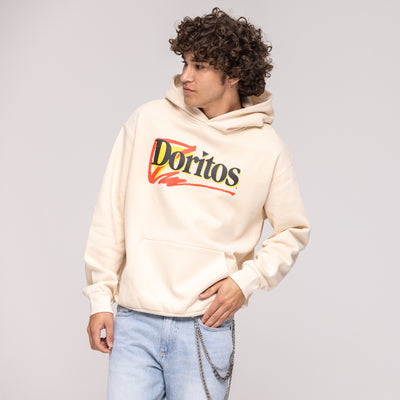 Cream pullover hoodie with red, yellow, and black 