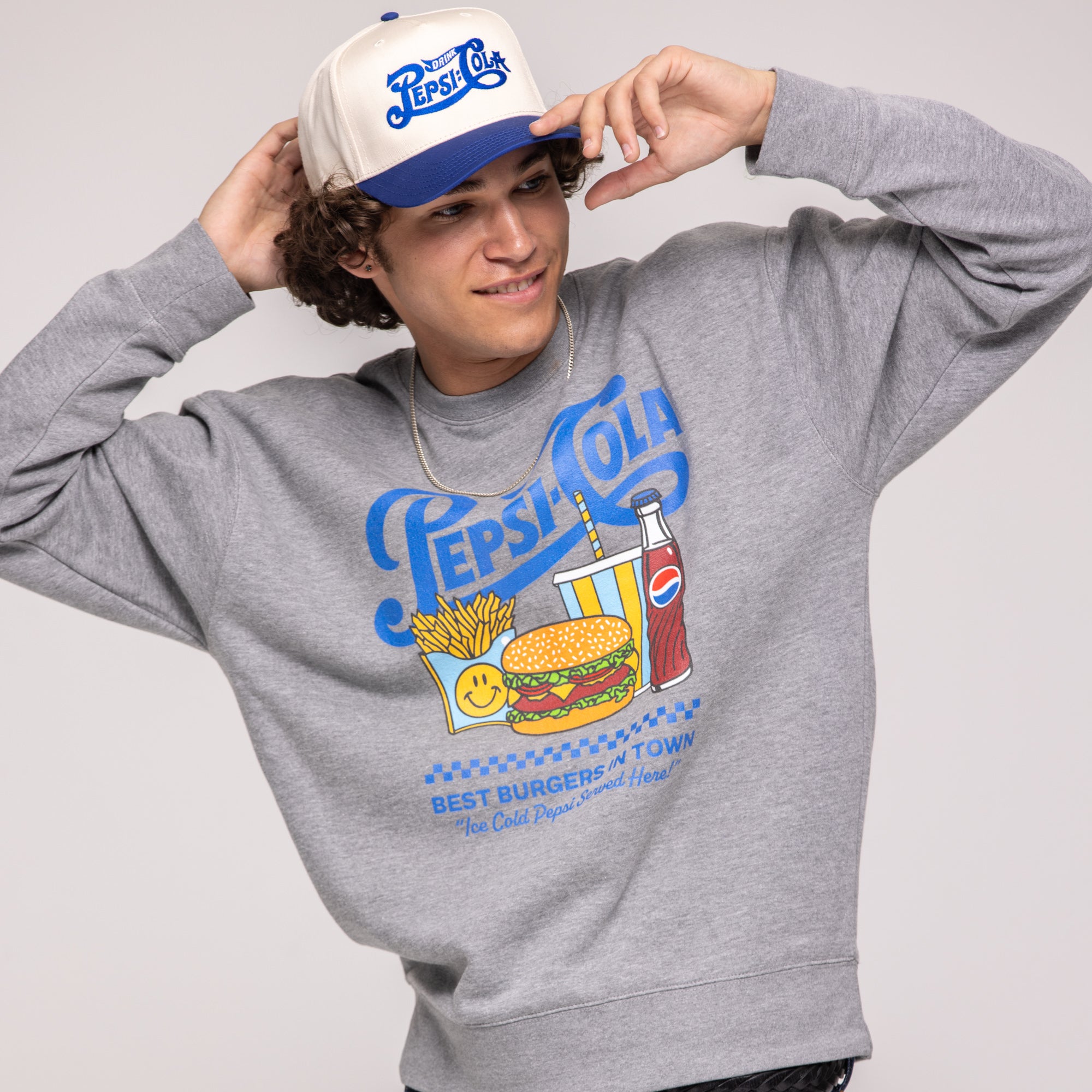 Grey crewneck sweatshirt with blue 