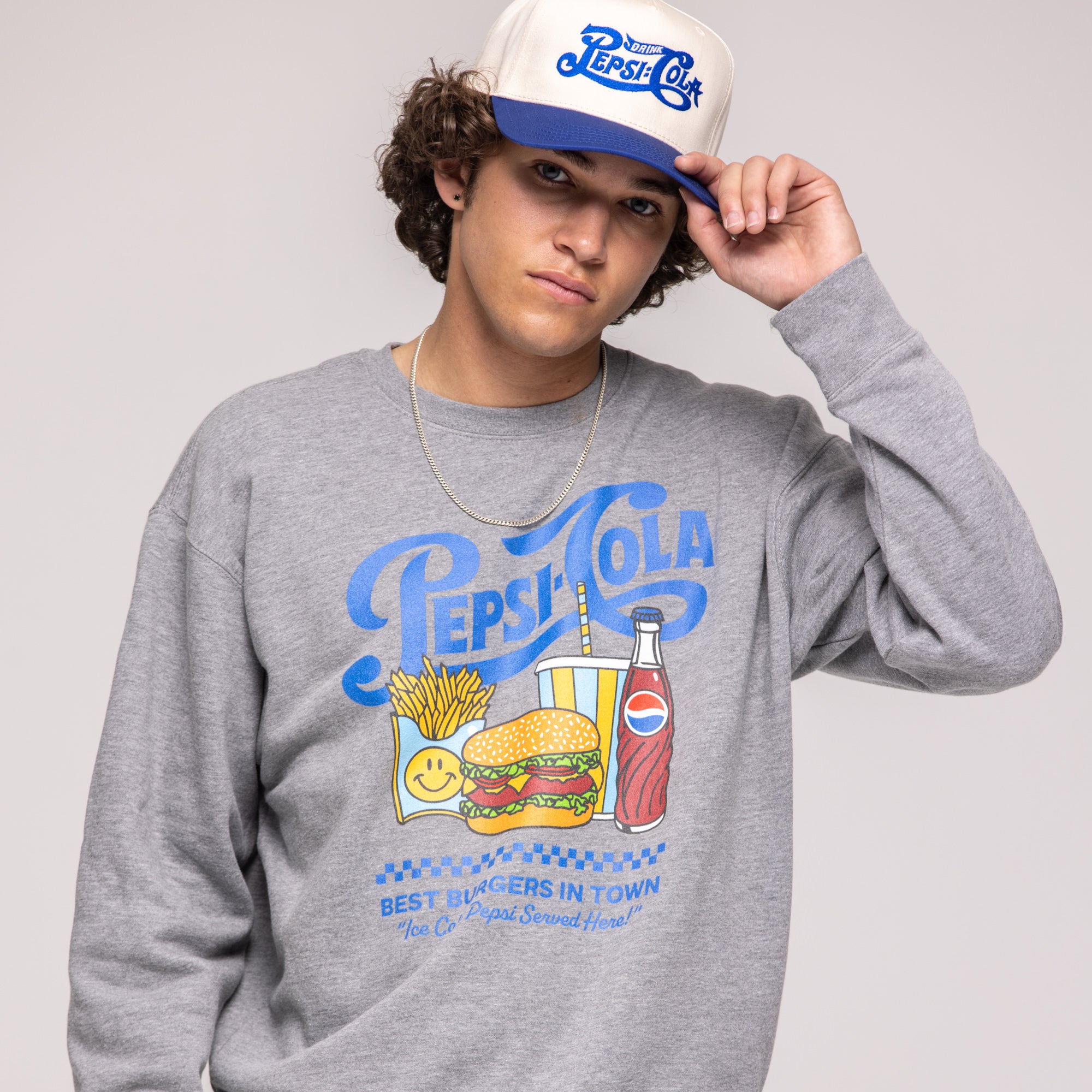 Grey crewneck sweatshirt with diner graphic, blue 