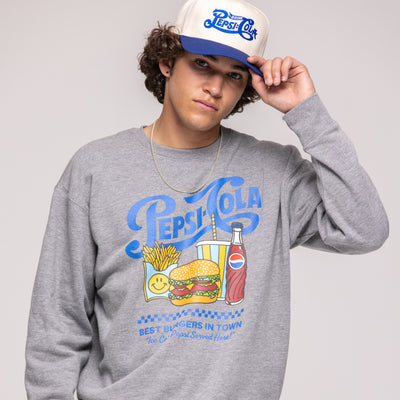 Grey crewneck sweatshirt with diner graphic, blue 