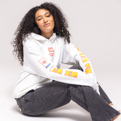 White hoodie with Lay's potato chip bag graphics on sleeves, 