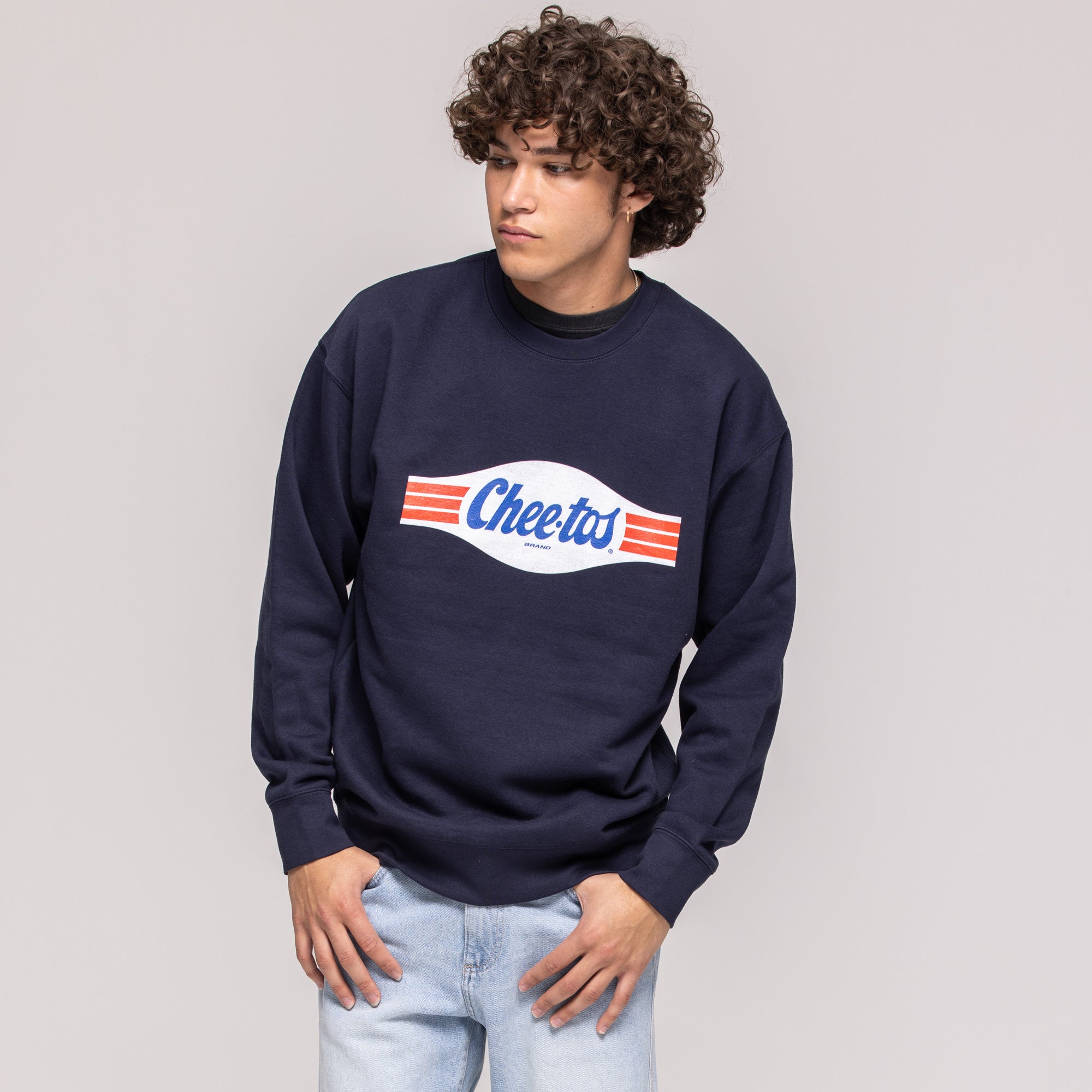 Navy crewneck sweatshirt with retro wave graphic reading 