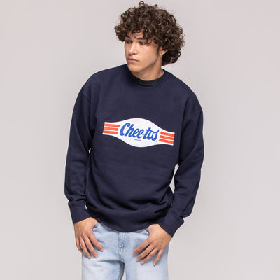 Navy crewneck sweatshirt with retro wave graphic reading 