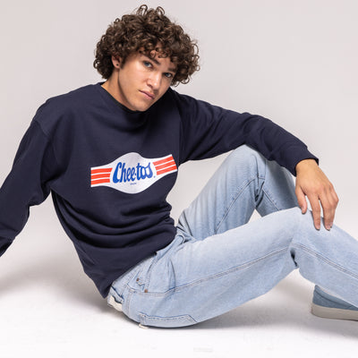 Navy crewneck sweatshirt with white wave graphic reading 