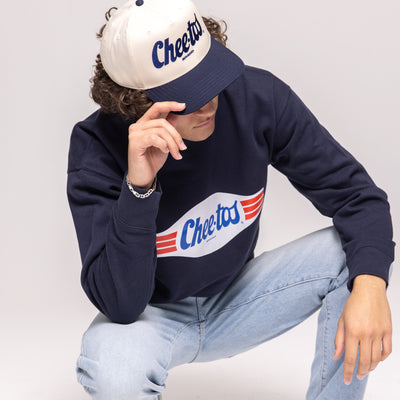 Navy crewneck sweatshirt, white banner graphic with 