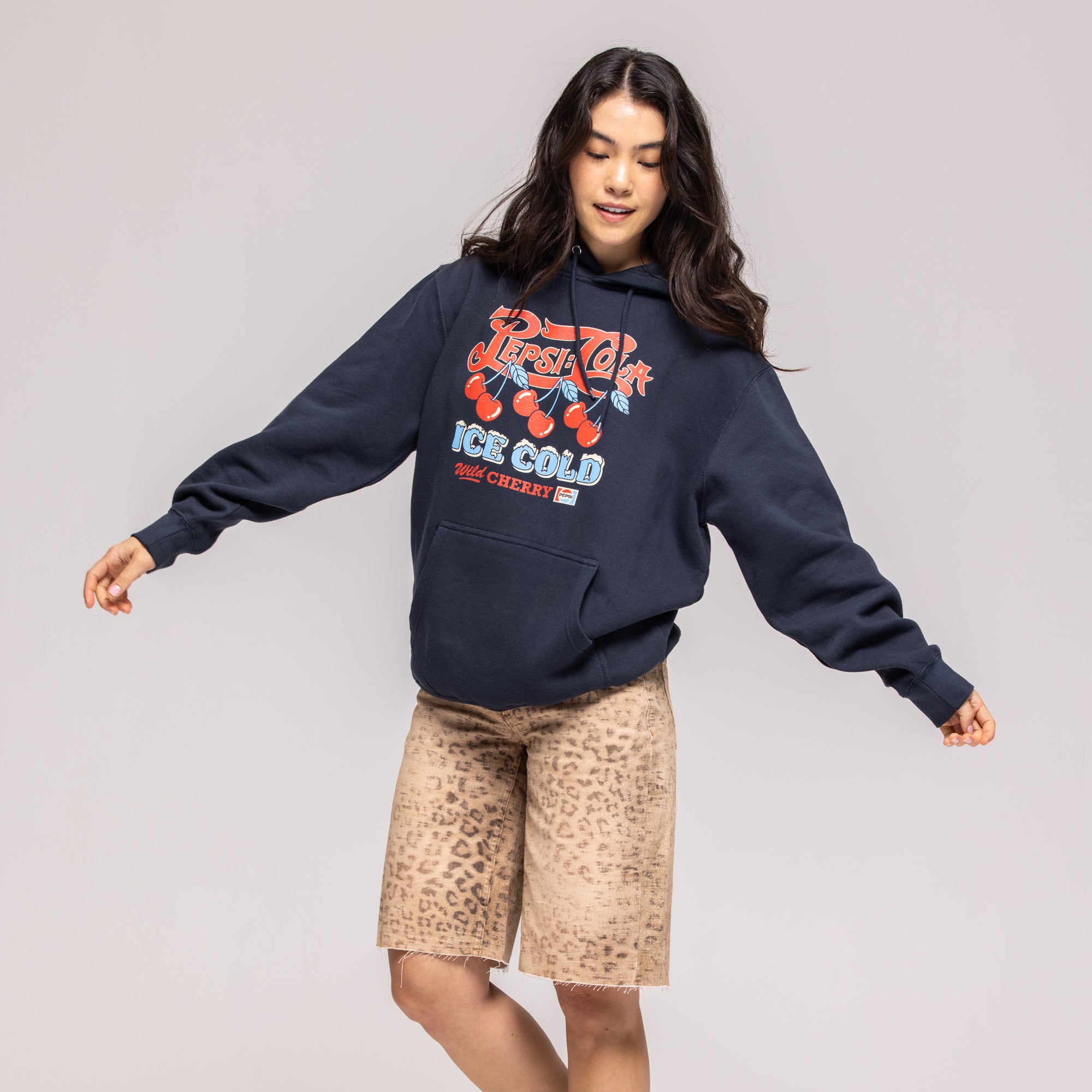 Navy hoodie with red cherry graphic, 