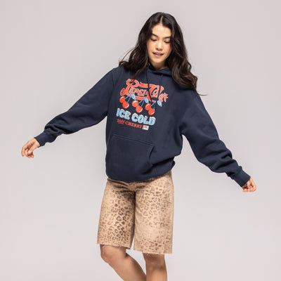 Navy hoodie with red cherry graphic, 