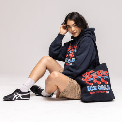 Navy tote bag with cherries graphic, 