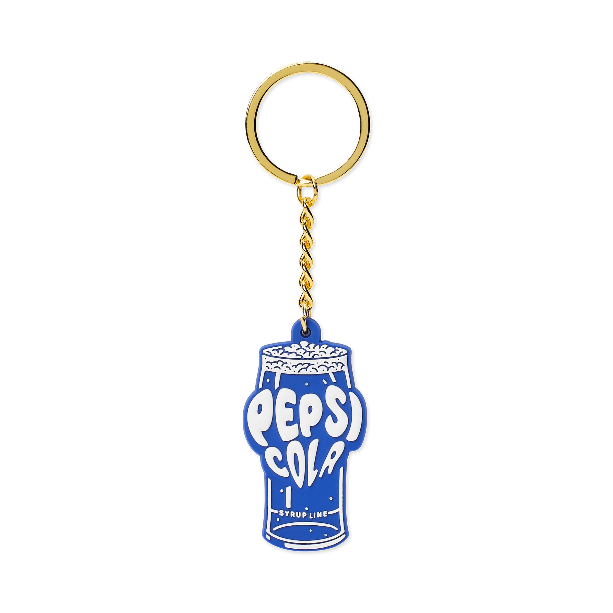 Blue rubber keychain shaped like a soda glass printed with white 
