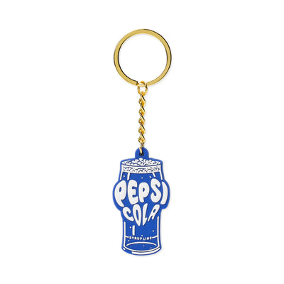 Blue rubber keychain shaped like a soda glass printed with white 