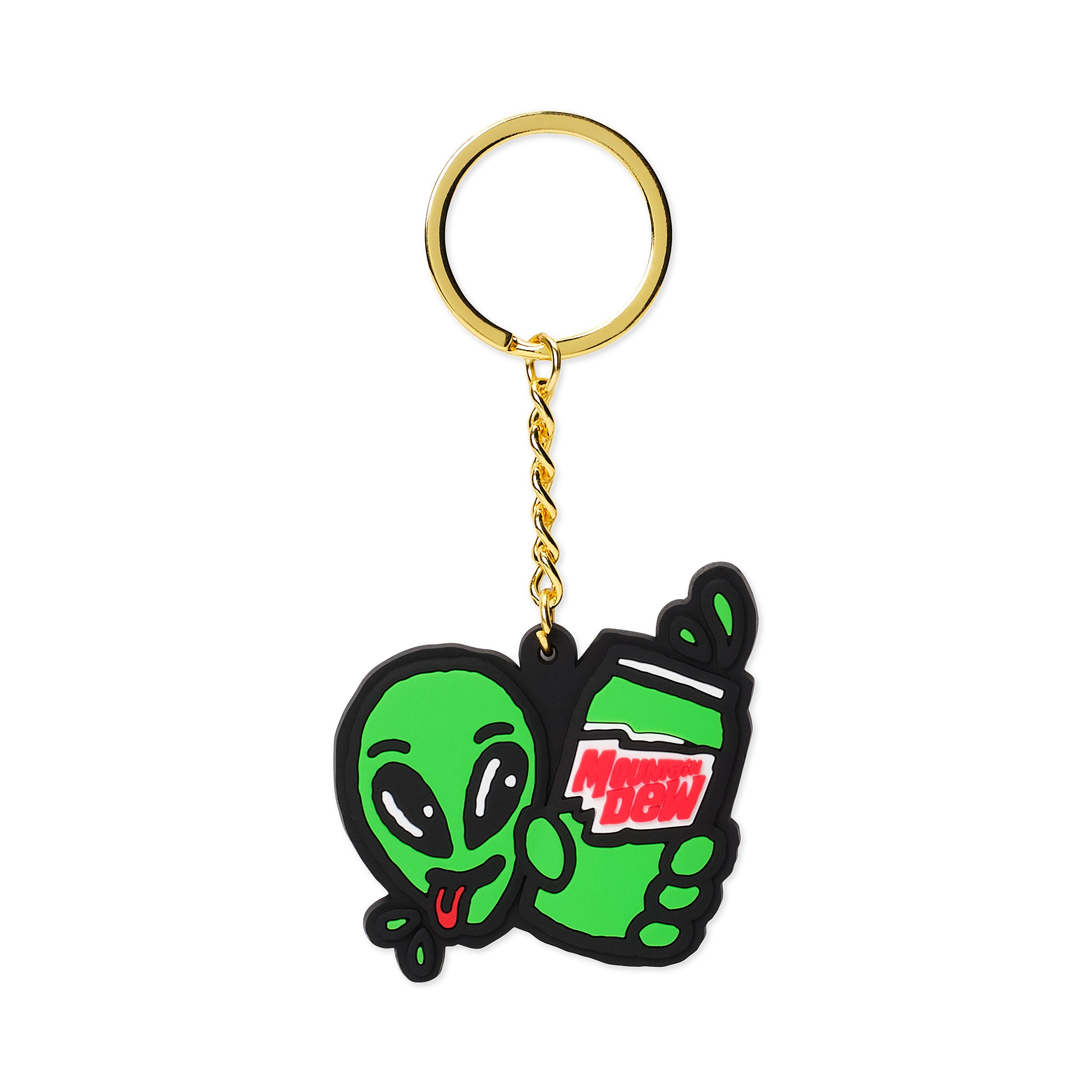 Green & black rubber keychain, alien holding a can with red 