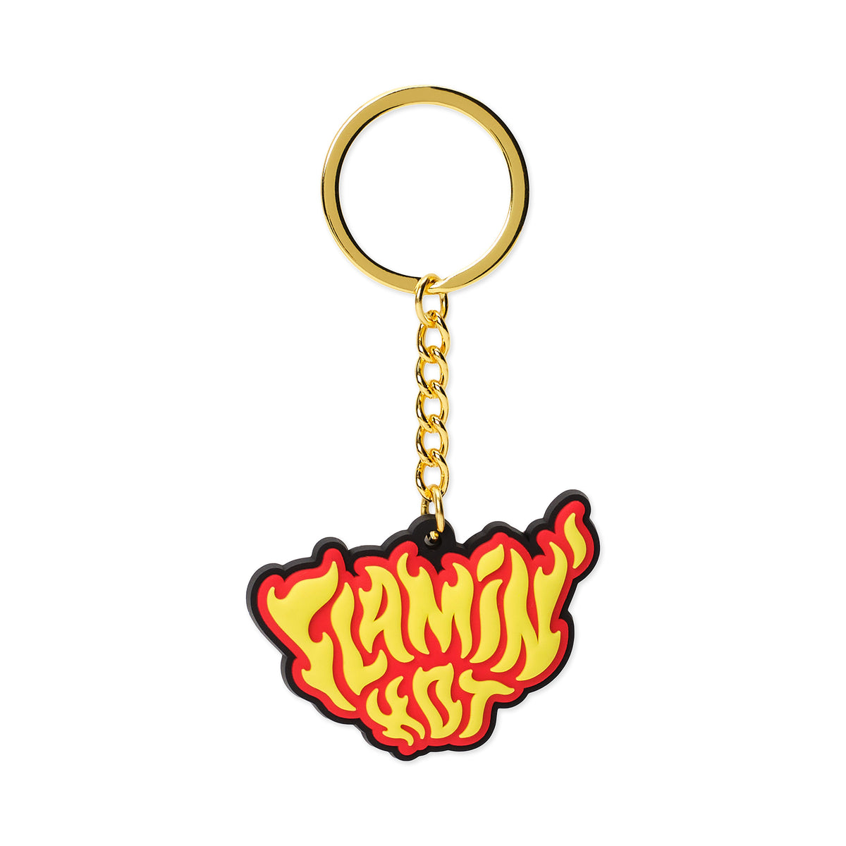 Soft molded keychain with yellow and red flame-style 