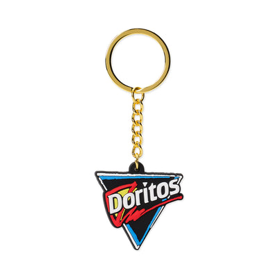 Black rubber keychain with retro triangle logo reading 