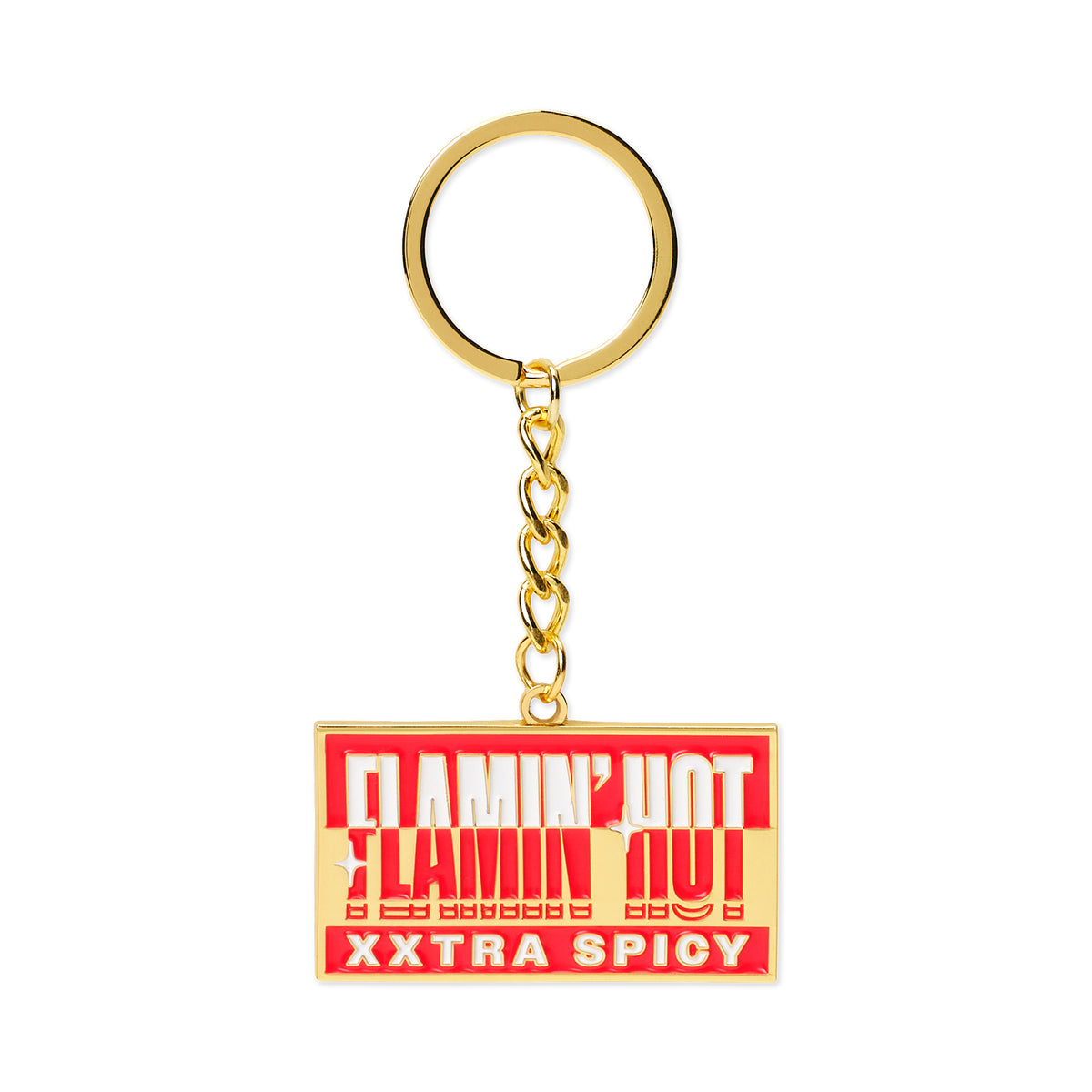 Gold metal keychain with red rectangular 