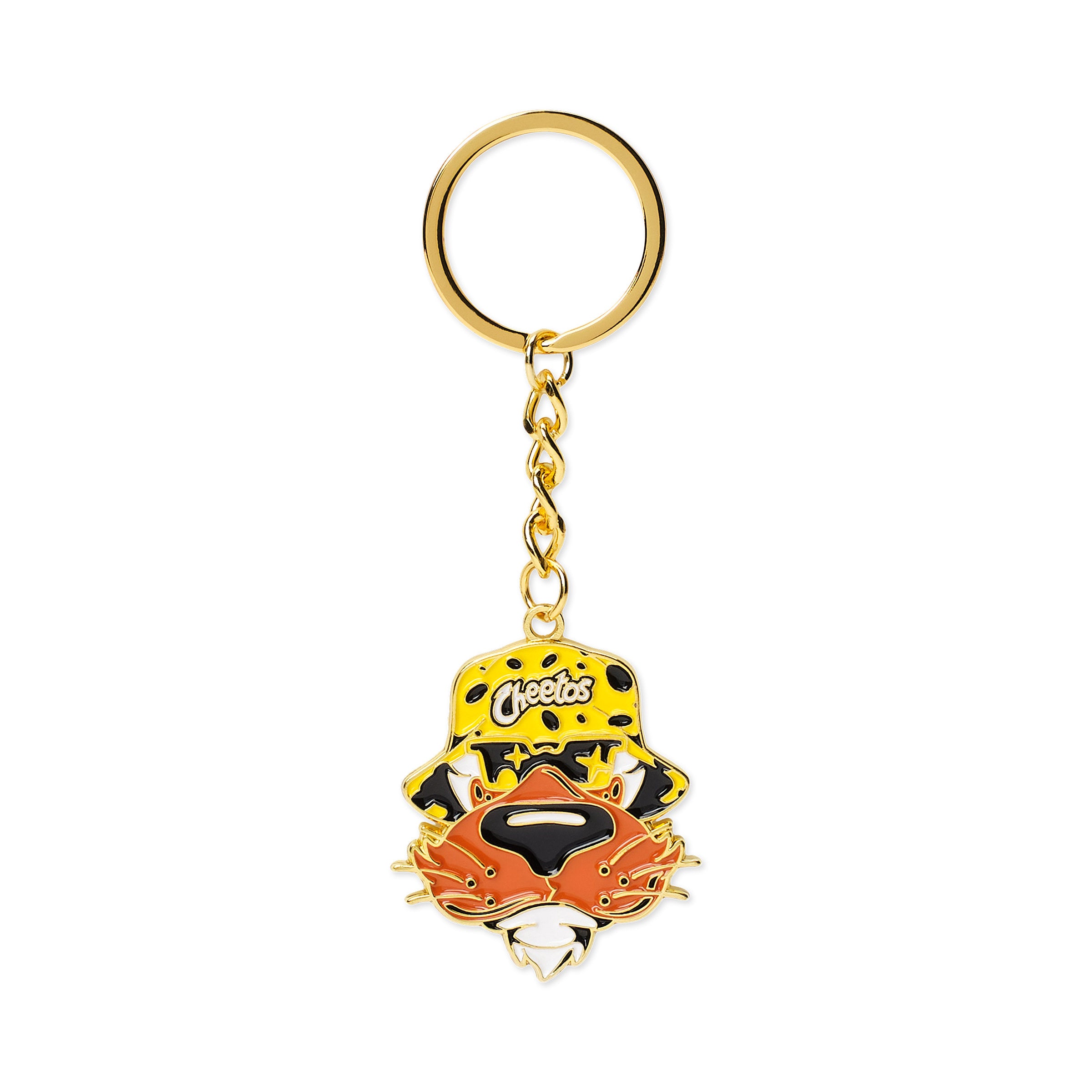Gold enamel keychain featuring Chester Cheetah face wearing a yellow cheetah-print bucket hat with 