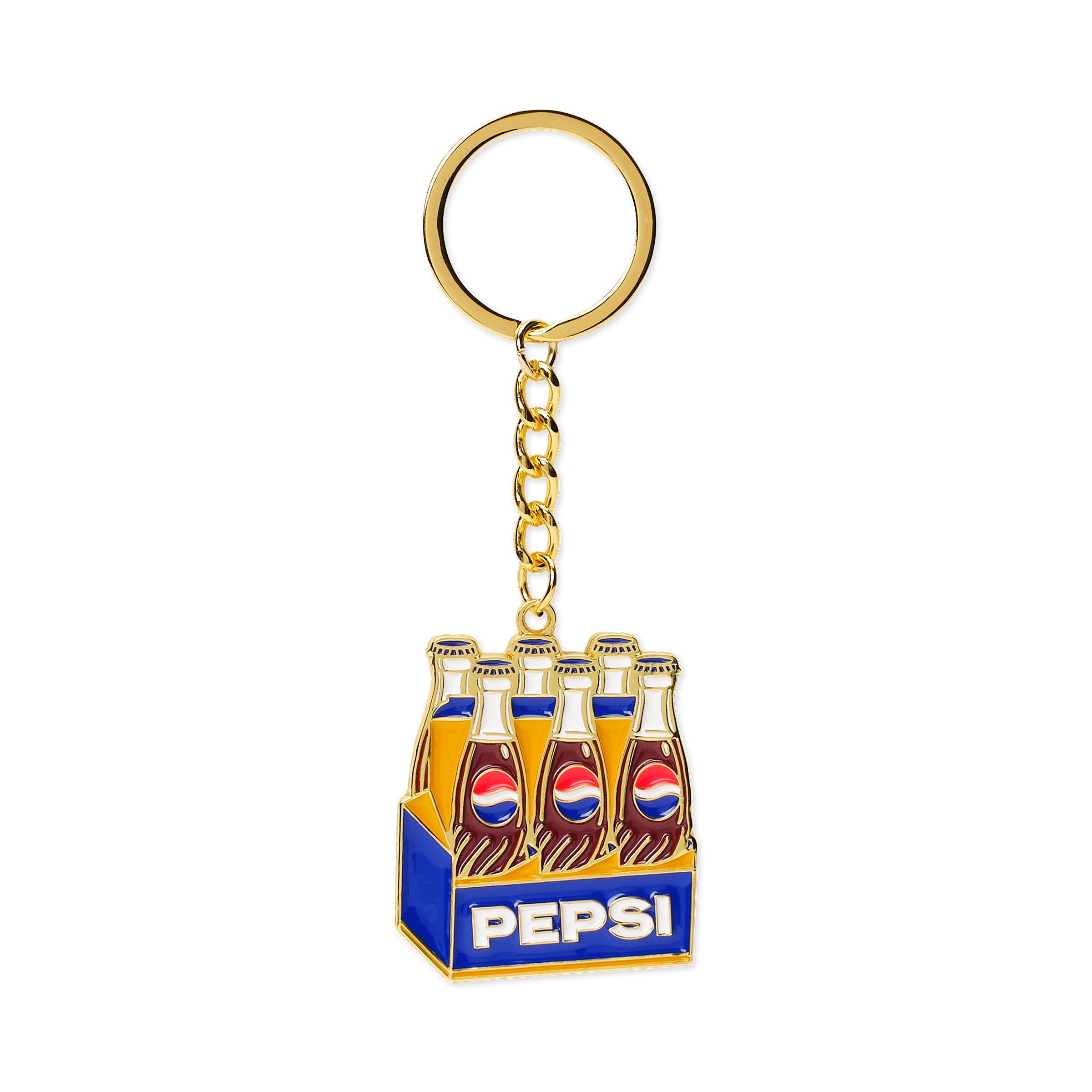 Gold enamel keychain shaped like a six-pack carrier with brown bottles and blue box reading 