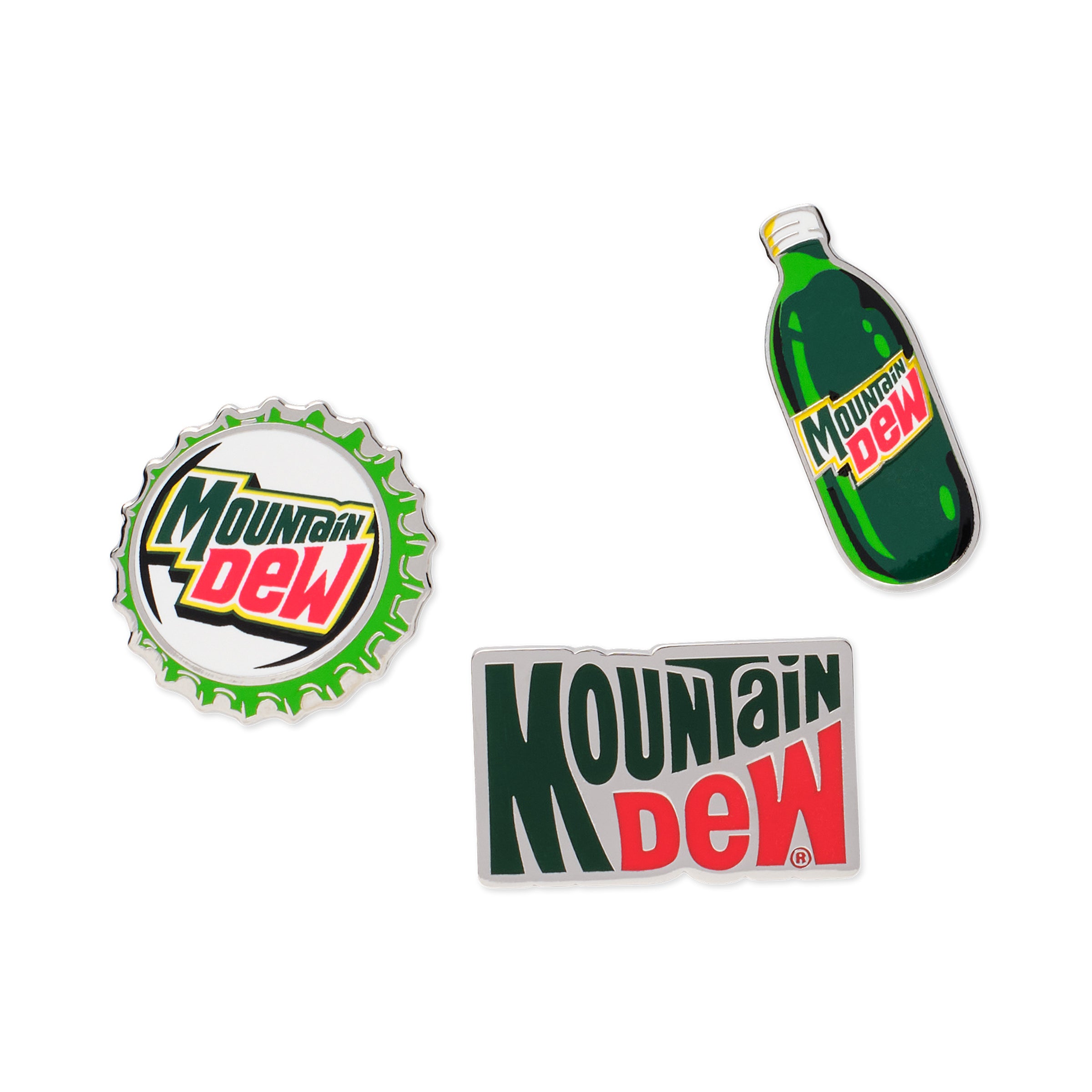 Set of 3 green and red enamel pins featuring 
