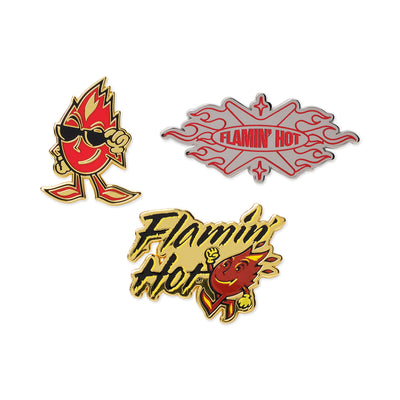 Three Flamin' Hot enamel pins: Sparky mascot in sunglasses, silver and red 