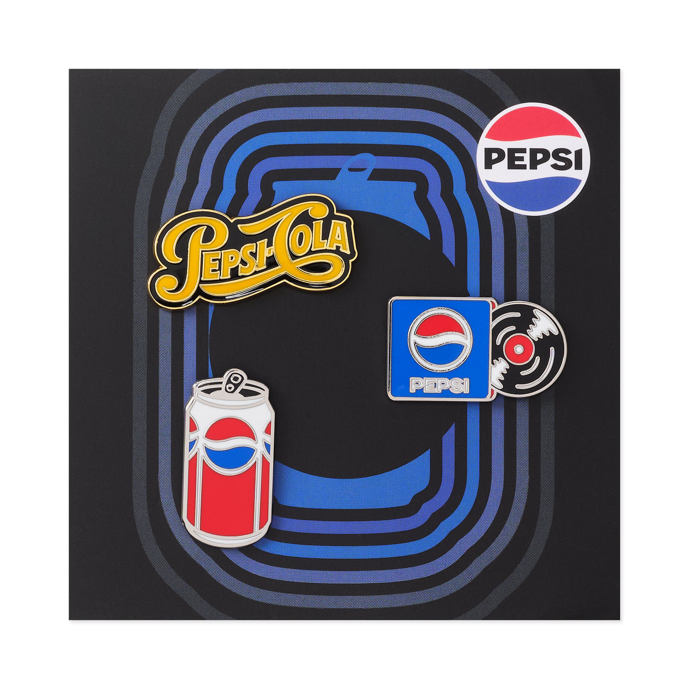 Pepsi enamel pin 5-pack, mixed logo and can designs in red, blue, white and gold on black card