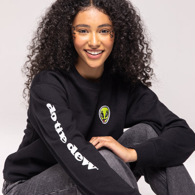 Black crewneck sweatshirt with green alien patch and white 