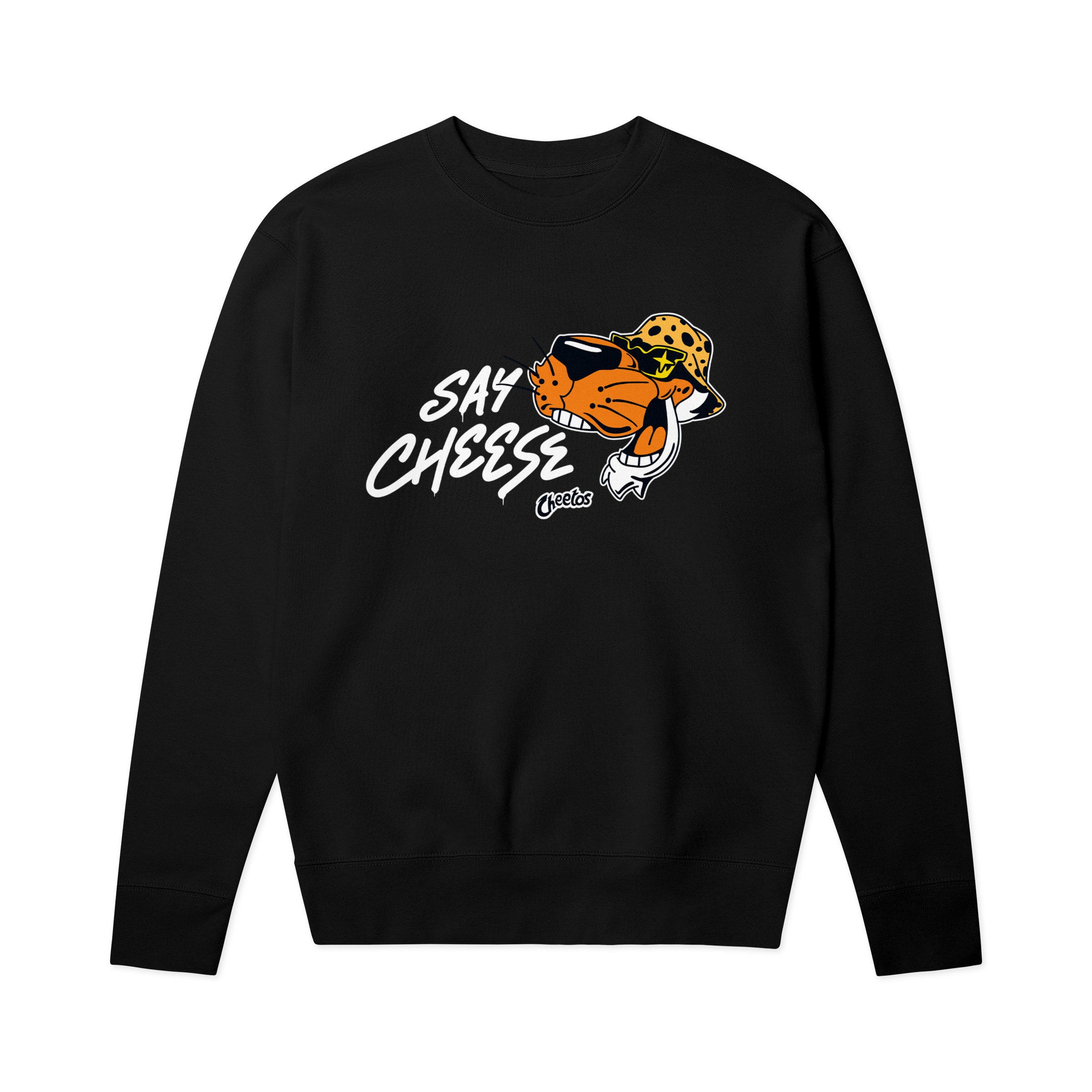 Black crewneck sweatshirt with Chester Cheetah graphic and white script 