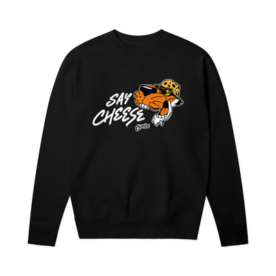 Black crewneck sweatshirt with Chester Cheetah graphic and white script 