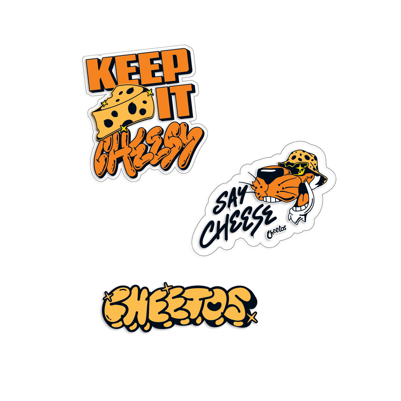 Set of 3 orange and black Cheetos stickers featuring 