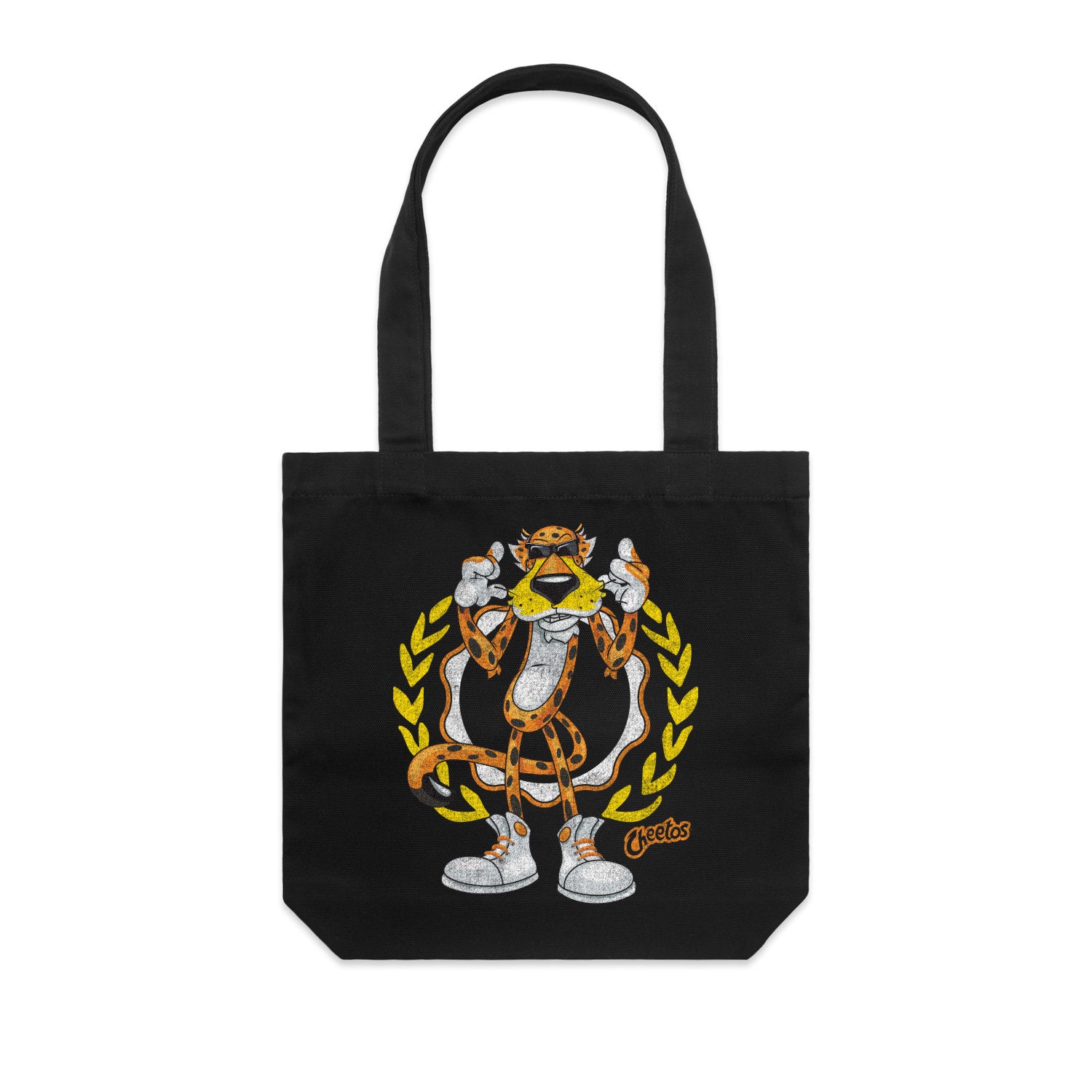 Black canvas tote bag with Chester Cheetah in yellow laurel wreath, 