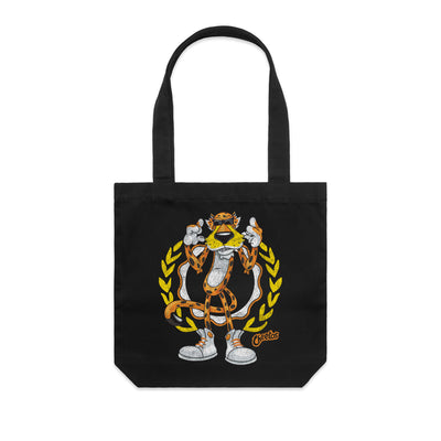 Black canvas tote bag with Chester Cheetah in yellow laurel wreath, 