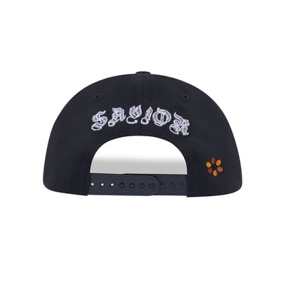 Cheetos X JaeTips black snapback, back view showing the Savior embroidery