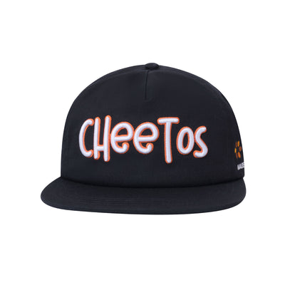 Cheetos X JaeTips black snapback, front view with embroidered Cheetos lettering
