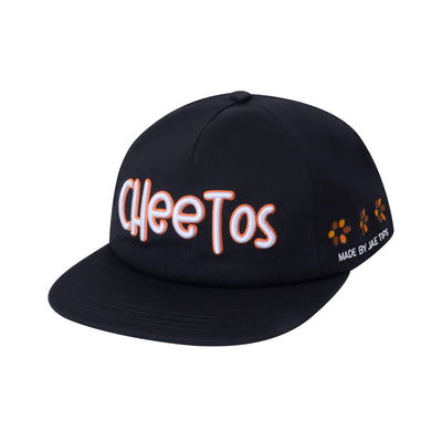 Cheetos X JaeTips black snapback, angled view showing the side panel embroidery