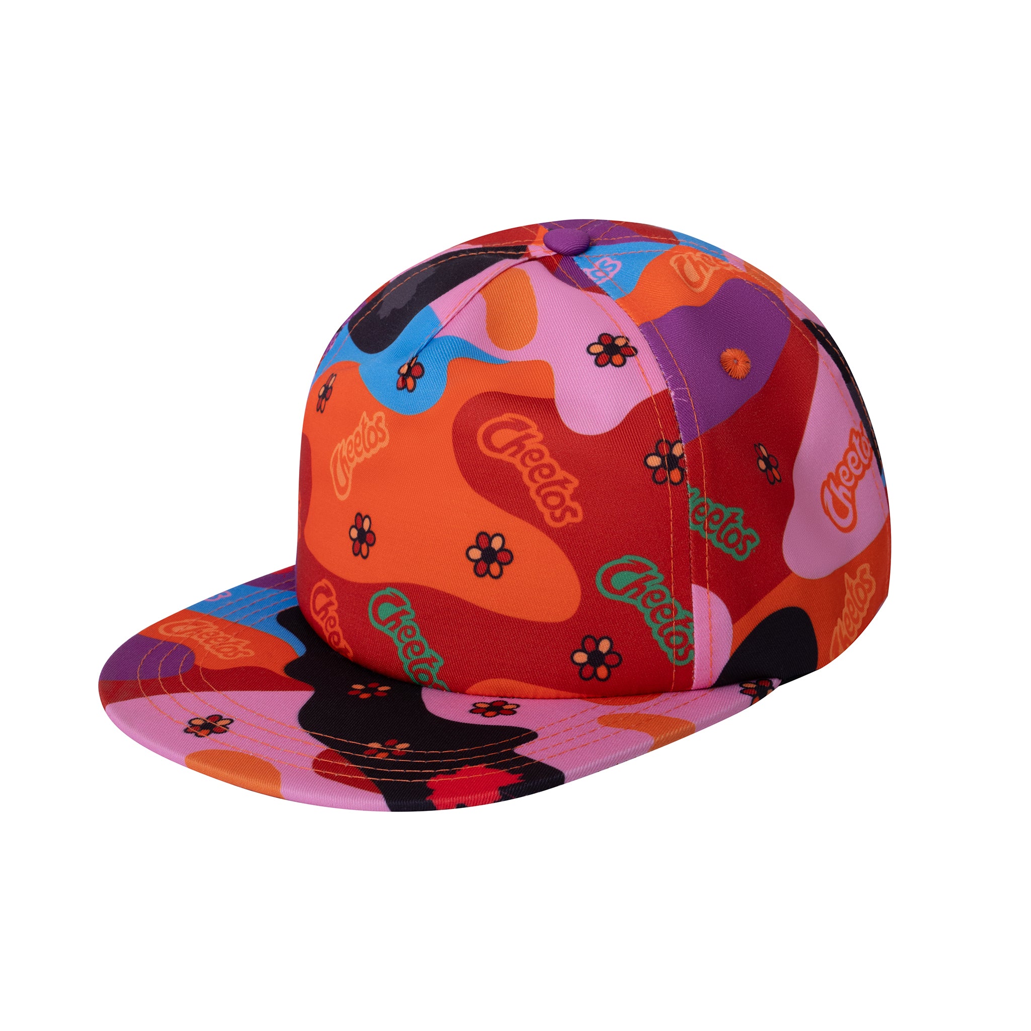 Cheetos X JaeTips camo snapback, angled view showing the printed visor