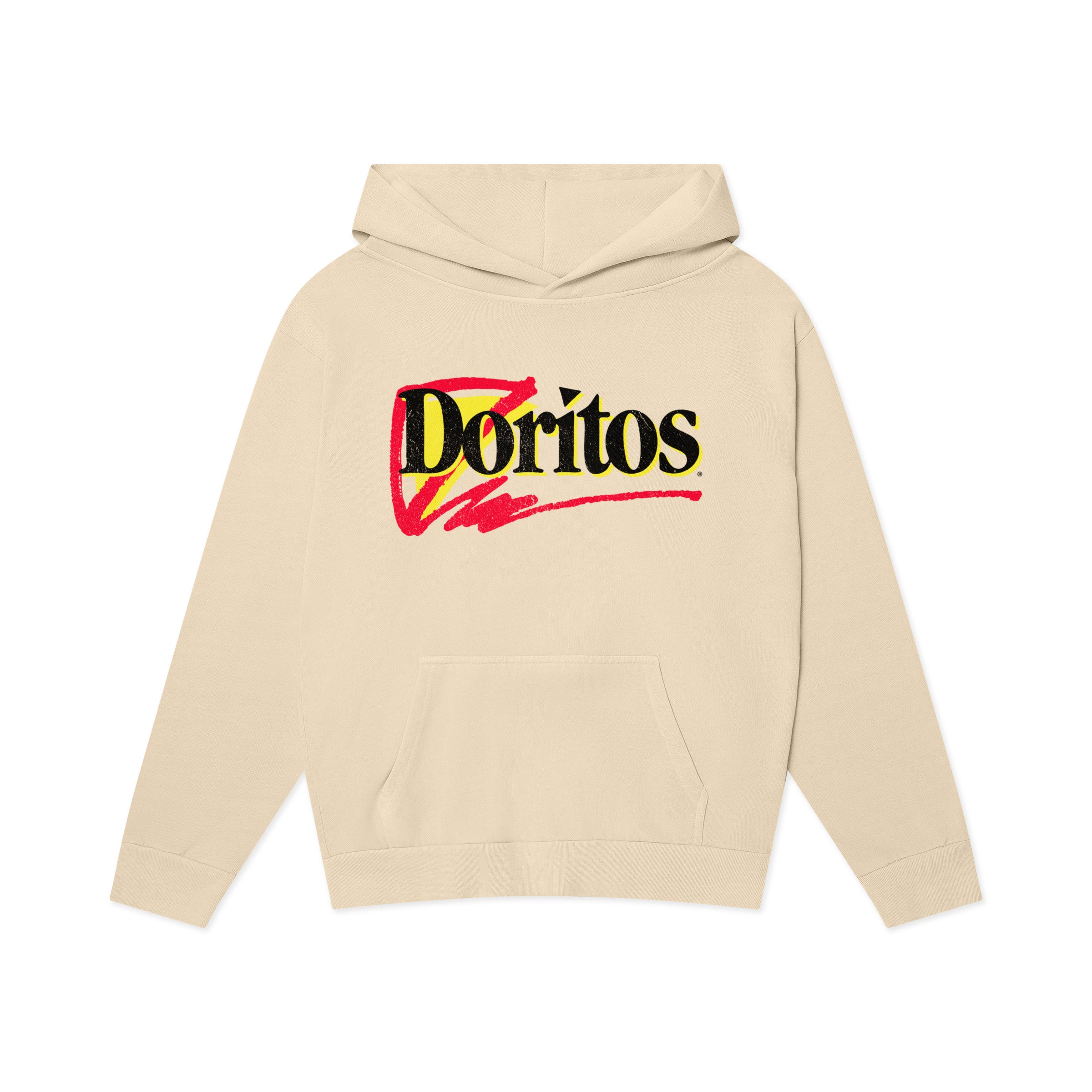 Cream pullover hoodie with red, yellow, and black 