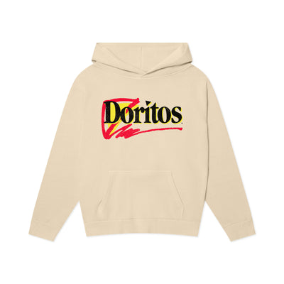 Cream pullover hoodie with red, yellow, and black 
