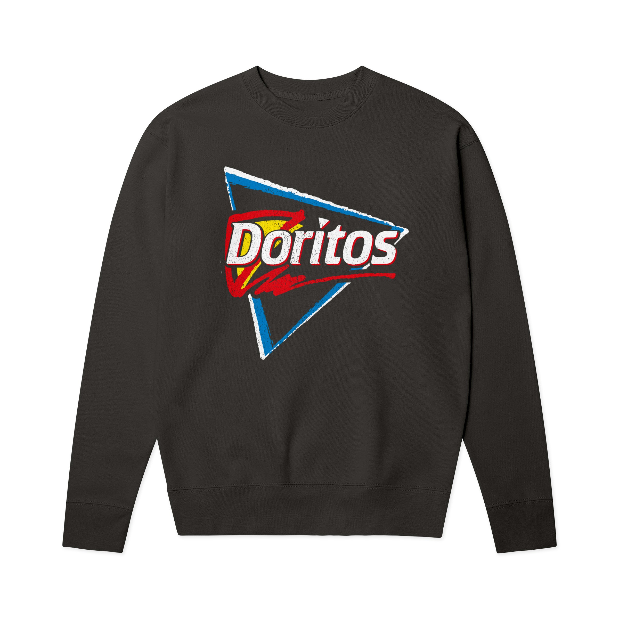 Dark grey crewneck sweatshirt with a retro triangular logo reading 