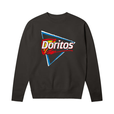 Dark grey crewneck sweatshirt with a retro triangular logo reading 