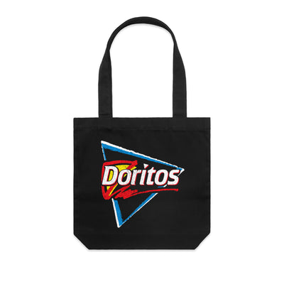 Black tote bag with embroidered triangle logo reading 
