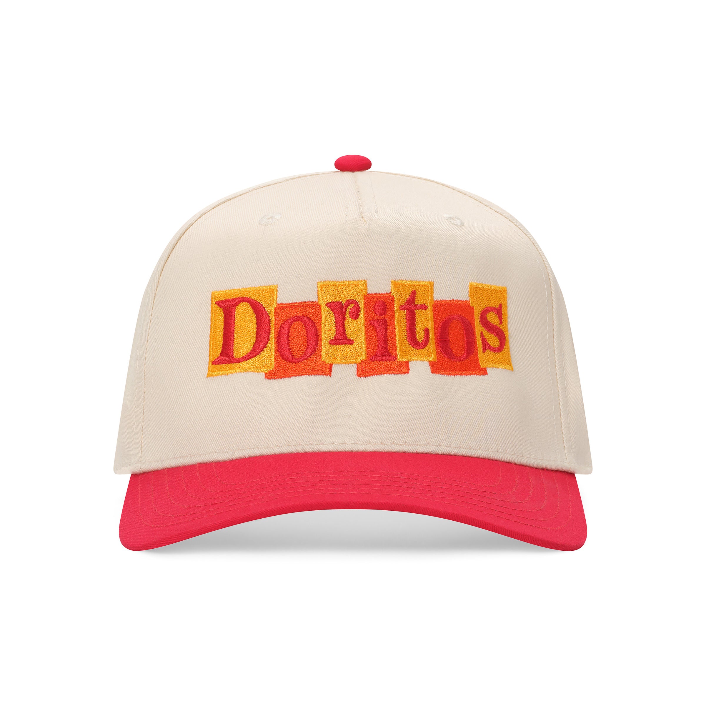 Cream and red snapback hat with embroidered retro 