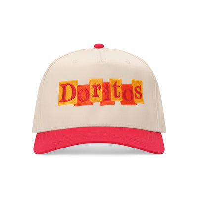 Cream and red snapback hat with embroidered retro 