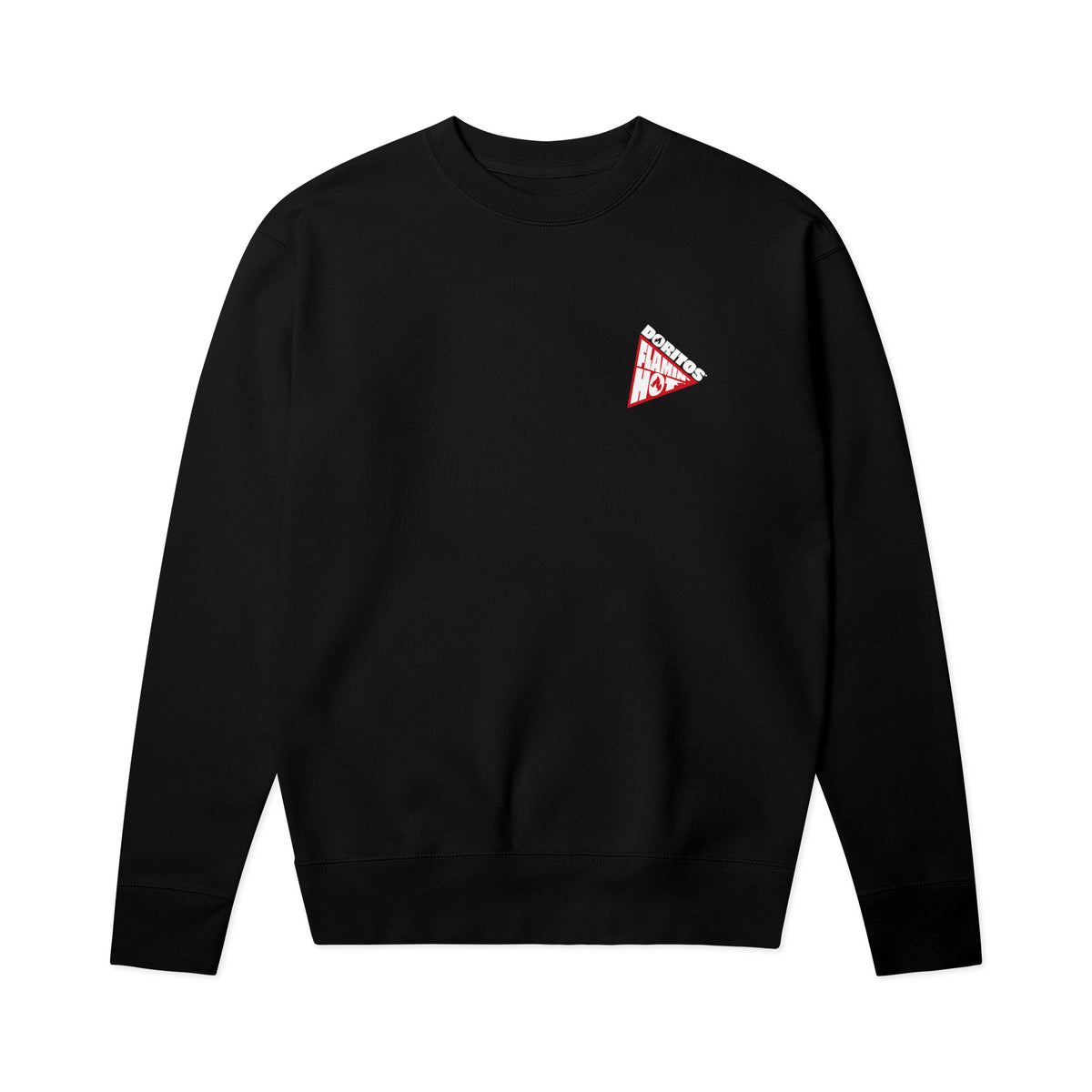 Black crewneck sweatshirt with small red and white 