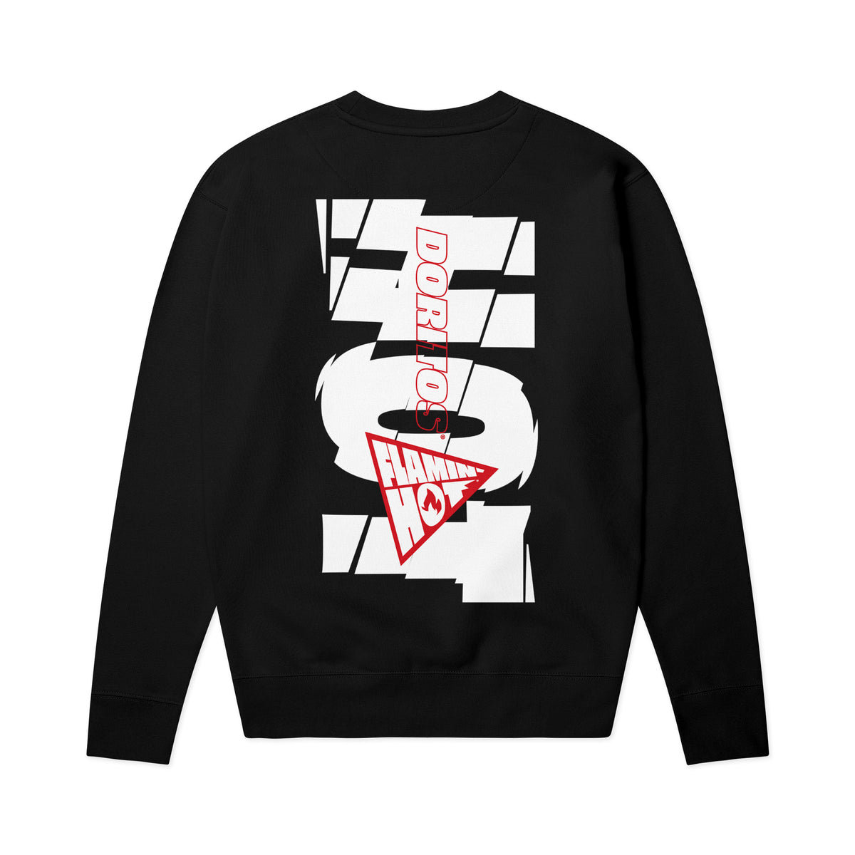 Black crewneck sweatshirt back view with large white fragmented 