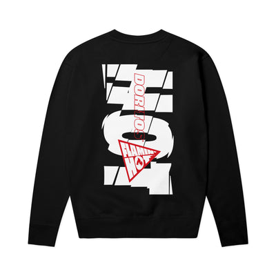 Black crewneck sweatshirt back view with large white fragmented 