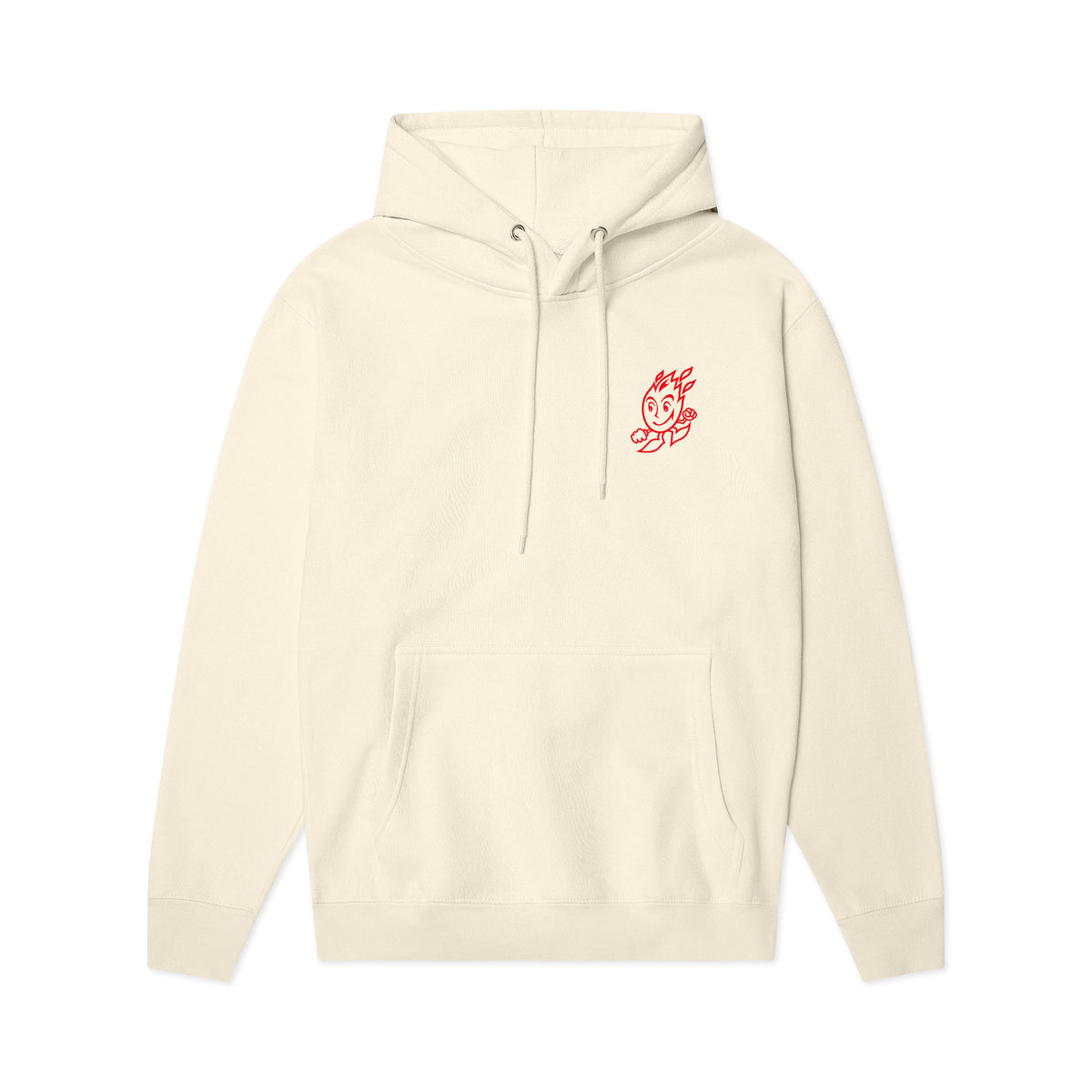 Cream pullover hoodie with red outline Sparky mascot graphic on left chest, white background