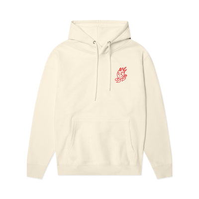 Cream pullover hoodie with red outline Sparky mascot graphic on left chest, white background
