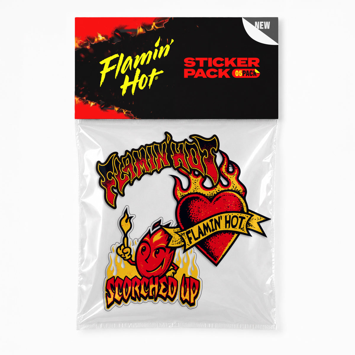 Flamin' Hot sticker pack in clear packaging with flame lettering logo, 