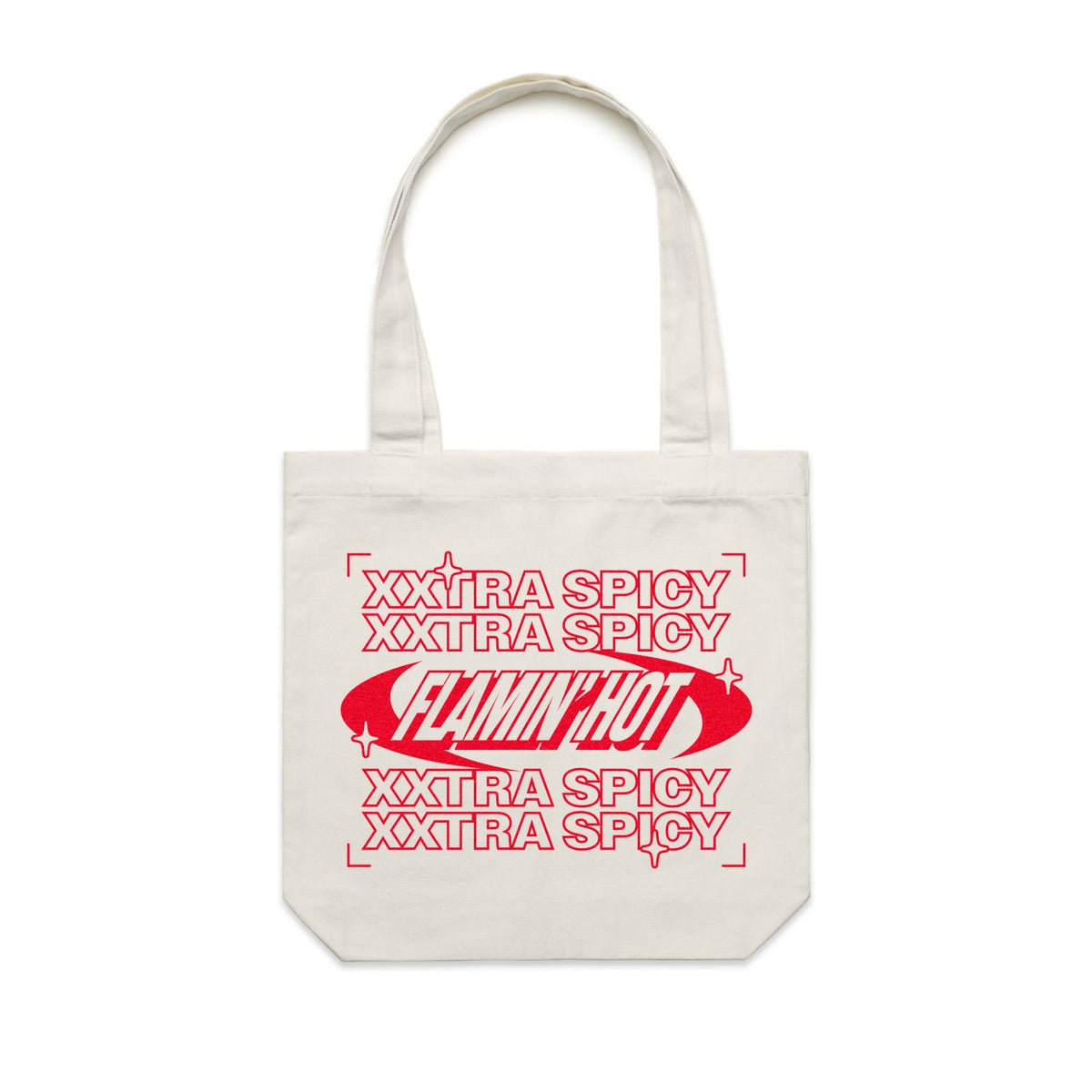 Cream canvas tote with red repeating 
