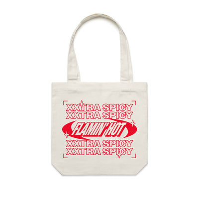 Cream canvas tote with red repeating 