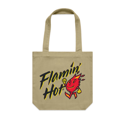 Khaki canvas tote with black script 