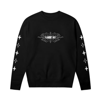 Black crewneck sweatshirt with white ornate 